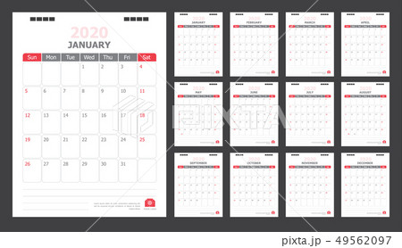 Calendar for 2020 White and red background Calendar for 2020 White and red background 49562097