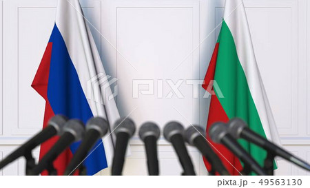 Flags of Russia and Bulgaria at international meeting or negotiations press conference. 3D rendering 49563130