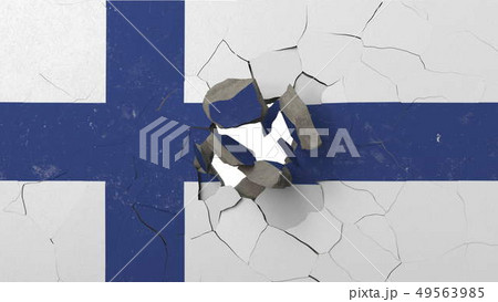 Destroying wall with painted flag of Finland. Finnish crisis conceptual editorial 3D rendering 49563985