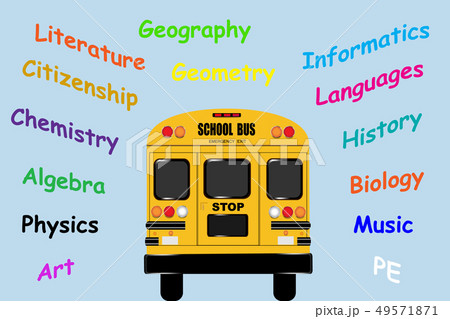 School bus surrounded by names of school subjects 49571871