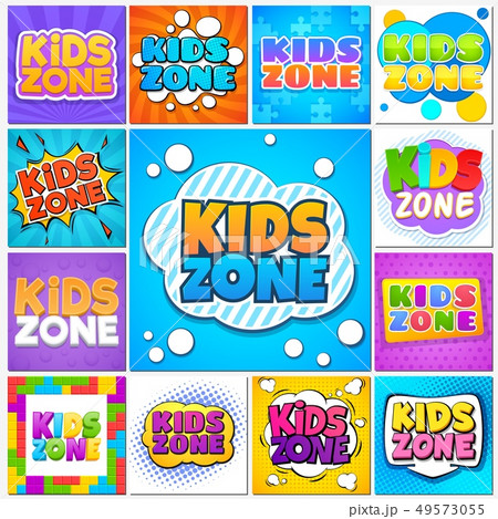 Kids zone. Children game playground banners and labels with cartoon lettering. School children park Kids zone. Children game playground banners and labels with cartoon lettering. School children park 49573055
