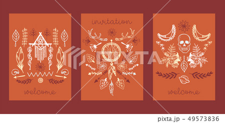Boho hand drawn set of cards, banners vector illustration. Dream catcher amulet, scull, plants such Boho hand drawn set of cards, banners vector illustration. Dream catcher amulet, scull, plants such 49573836
