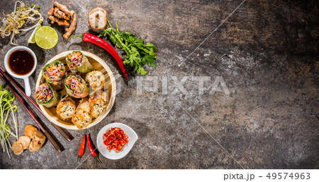 Top view composition of various Asian appetizer 49574963