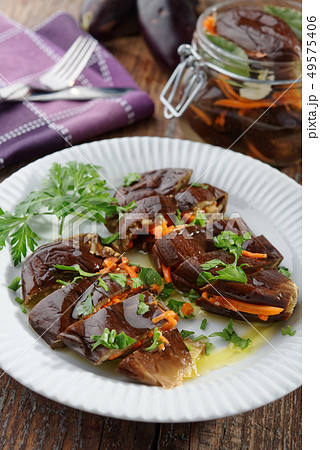 Marinated eggplant appetizer stuffed with carrot, Marinated eggplant appetizer stuffed with carrot, 49575406