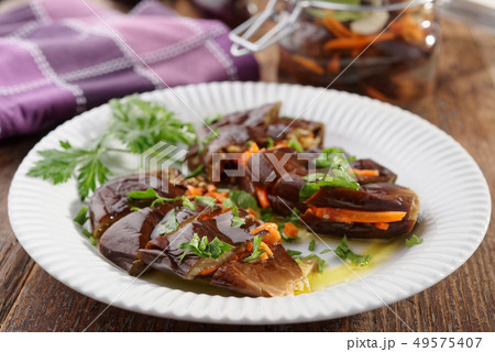 Marinated eggplant appetizer stuffed with carrot, Marinated eggplant appetizer stuffed with carrot, 49575407