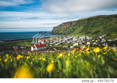 Beautiful town of Vik i Myrdal Iceland in summer. Beautiful town of Vik i Myrdal Iceland in summer. 49578270