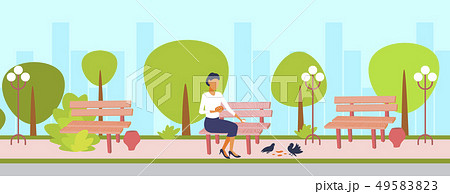 woman feeding flock of pigeon brunette girl sitting wooden bench city urban park cityscape 49583823