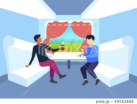 two men sitting together in train compartment passengers discussing drinking tea during vacation two men sitting together in train compartment passengers discussing drinking tea during vacation 49583888