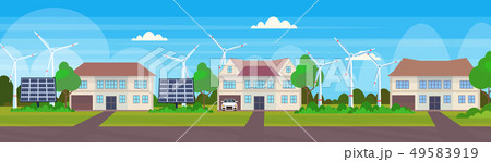 modern friendly houses with wind turbine and solar panel eco real estate cottages alternative energy 49583919