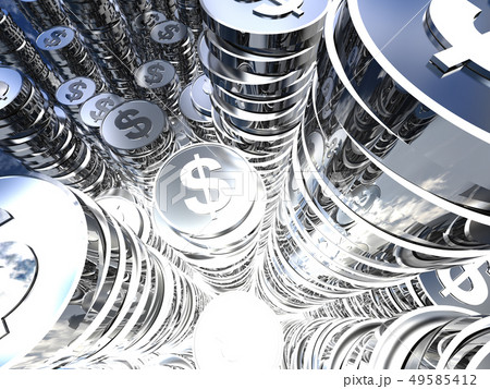 Cg 3d イラスト 立体 コイン 山積み ビジネス 投資 経済 景気 高騰 メタリック ドルのイラスト素材
