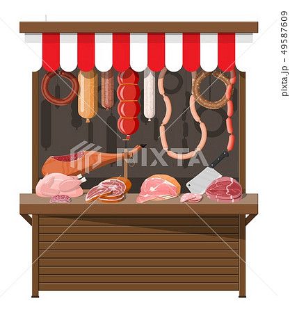 Meat street market. Meat store stall. 49587609
