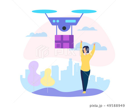 Drone Mail Service, Woman Waiting for Parcel. Drone Mail Service, Woman Waiting for Parcel. 49588949