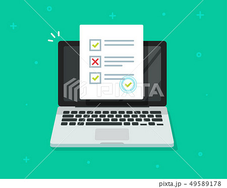 Online form survey on laptop vector, computer quiz exam paper sheet document, on-line questionnaire 49589178