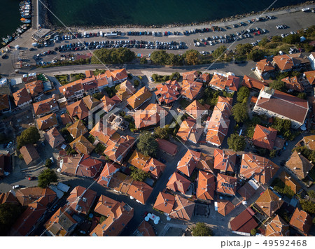 Aerial view of tile roofs of old Nessebar, ancient city, Bulgaria 49592468