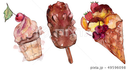 Tasty ice cream in a watercolor style. Aquarelle sweet dessert illustration set. Isolated desserts Tasty ice cream in a watercolor style. Aquarelle sweet dessert illustration set. Isolated desserts 49596098