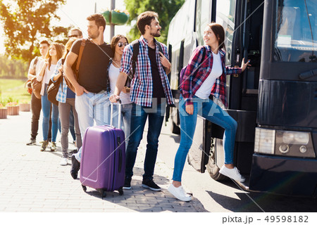 Group of Young People Boarding on Travel Bus 49598182