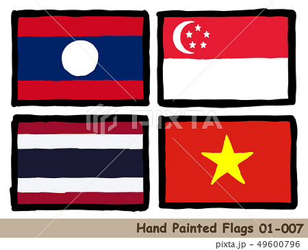 手描きの旗アイコン「ラオスの国旗」「シンガポールの国旗」「タイの国旗」「ベトナムの国旗」。