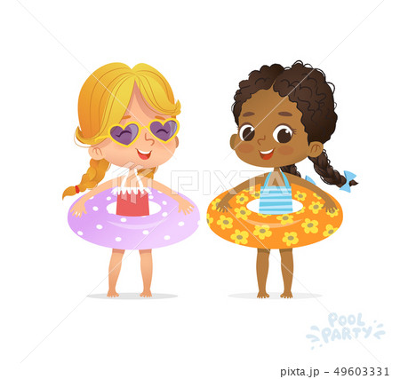 Afro American Caucasian Girl in Swimsuit. Kid Friend Relax at Summer Multiracial Pool Party with Afro American Caucasian Girl in Swimsuit. Kid Friend Relax at Summer Multiracial Pool Party with 49603331