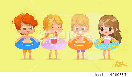 Happy Kids Birthday Time on Swimming Pool Vacation. Funny Girls and Boys in Swimsuit. Water Game Happy Kids Birthday Time on Swimming Pool Vacation. Funny Girls and Boys in Swimsuit. Water Game 49603354