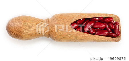 red kidney bean in wooden scoop isolated on white background. Top view. Flat lay 49609876