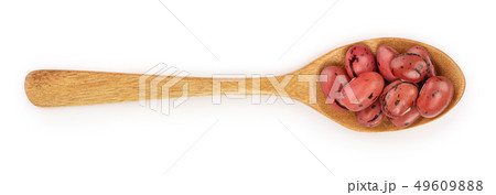 brown kidney bean in wooden spoon isolated on white background. Top view. Flat lay 49609888