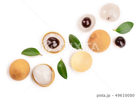 Fresh longan fruit with leaves isolated on white background. Top view. Flat lay Fresh longan fruit with leaves isolated on white background. Top view. Flat lay 49610080