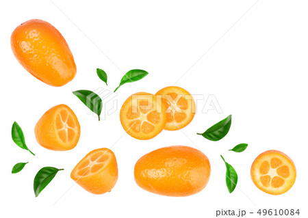 Cumquat or kumquat with slices isolated on white background with copy space for your text. Top view Cumquat or kumquat with slices isolated on white background with copy space for your text. Top view 49610084