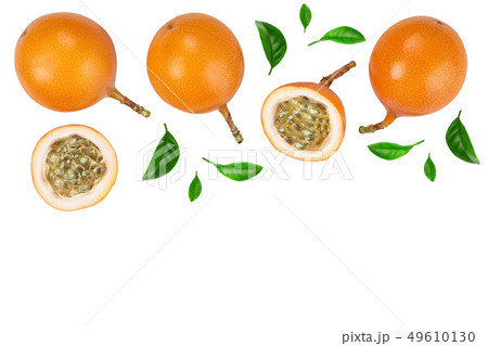 Granadilla or yellow passion fruit with leaf isolated on white background with copy space for your 49610130