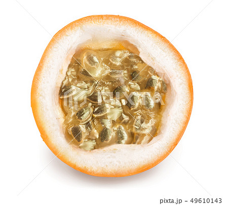 Granadilla or yellow passion fruit half isolated on white background Granadilla or yellow passion fruit half isolated on white background 49610143