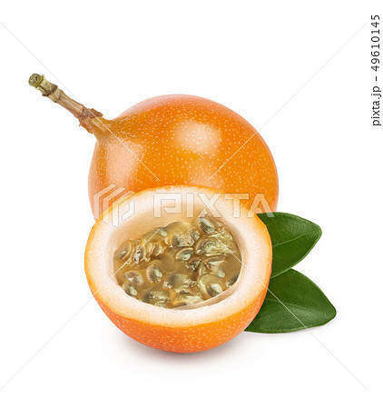 Granadilla or yellow passion fruit with leaf isolated on white background Granadilla or yellow passion fruit with leaf isolated on white background 49610145