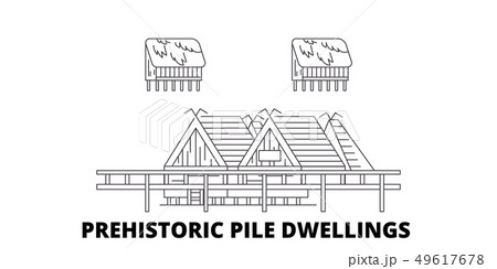 Italy, Prehistoric Pile Dwellings line travel skyline set. Italy, Prehistoric Pile Dwellings outline 49617678