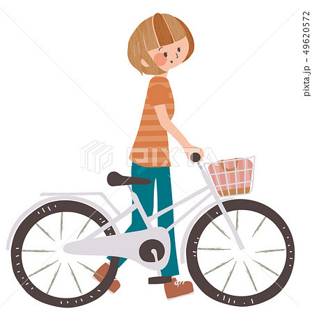 自転車を押して歩く女性のイラスト素材