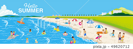 海水浴する人々 夏のビーチ風景 横長 文字付き Hello Summer のイラスト素材