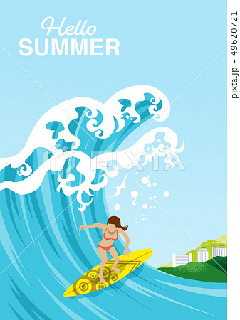 夏の海で波に乗る女性サーファー 文字付き Hello Summer のイラスト素材