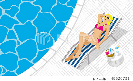 長椅子に寝そべるビキニの女性 プールサイド 俯瞰 コピースペースありのイラスト素材