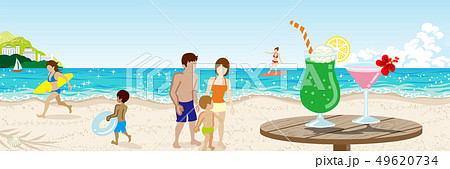 ビーチ風景 海水浴する人々とカクテルジュース コピースペースありのイラスト素材