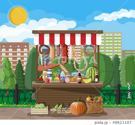 Traditional market wooden food stall full of food Traditional market wooden food stall full of food 49621107