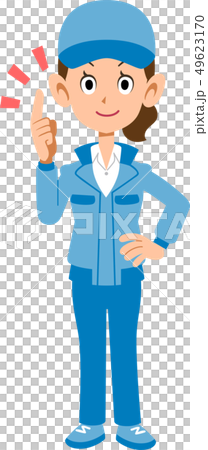 人差し指をたてるベージュの作業着の女性 49623170