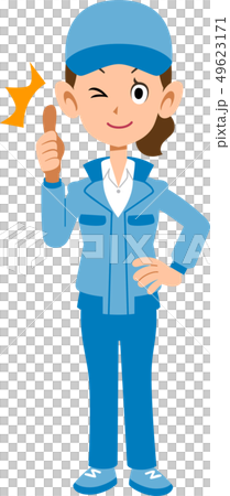 Woman in blue workwear to thumb up 49623171