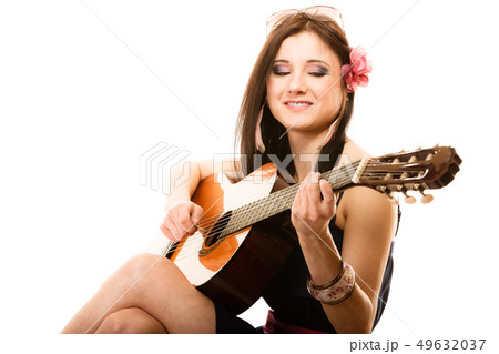 Music lover, summer girl with guitar isolated Music lover, summer girl with guitar isolated 49632037