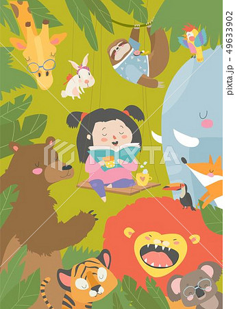 Little girl reading book with cartoon animal. Lion,tiger,giraffe,slot Little girl reading book with cartoon animal. Lion,tiger,giraffe,slot 49633902