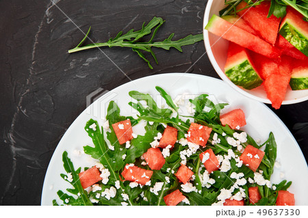 Fresh summer watermelon salad with feta cheese and Fresh summer watermelon salad with feta cheese and 49637330