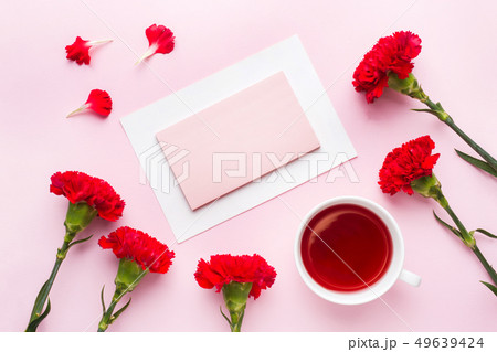 Red-pink objects. Cup of tea, carnation flowers Red-pink objects. Cup of tea, carnation flowers 49639424