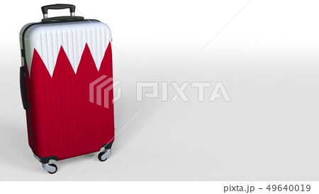 Traveler's suitcase with flag of Bahrain. Bahraini tourism conceptual 3D rendering, blank space for Traveler's suitcase with flag of Bahrain. Bahraini tourism conceptual 3D rendering, blank space for 49640019