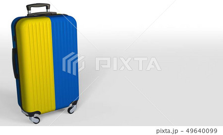 Traveler's suitcase with flag of Ukraine. Ukrainian tourism conceptual 3D rendering, blank space for 49640099
