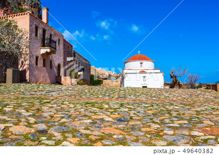 Monemvasia houses and church in Peloponnese, Greece 49640382