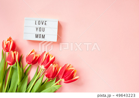 Mothers Day greeting card with red tulip flowers 49643223