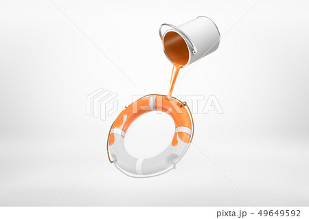 3d rendering of paint can spilling orange paint on light-grey life buoy in mid-air on white 49649592