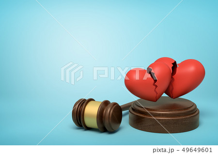3d rendering of brown wooden gavel and two red broken hearts on round wooden block on blue 49649601