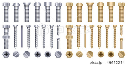 Creative illustration of steel brass bolts, metal screws, iron nails, rivets, washers, nuts hardware Creative illustration of steel brass bolts, metal screws, iron nails, rivets, washers, nuts hardware 49652254